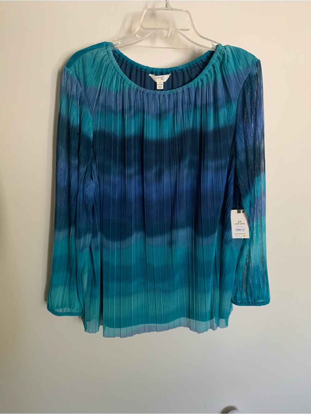 New Terra & Sky Ombre Pleated Teal to Blue Long Sleeve Blouse. Size 1X